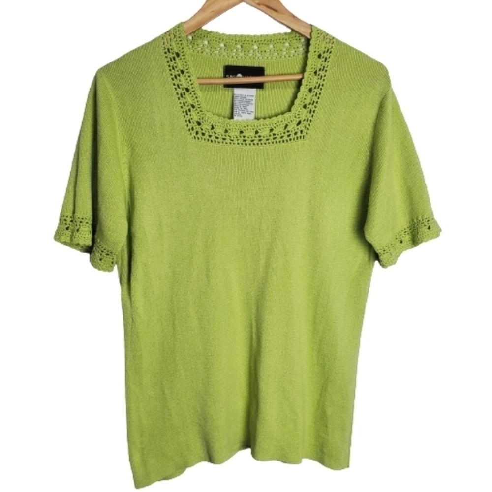 Vintage 90s Sag Harbor Green Crocket Knit Short Sleeve Sweater Size Large